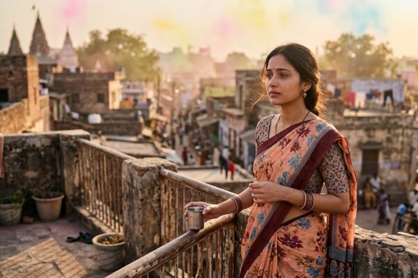 अपने बचपन के प्रेम और पुरानी यादों में खोई एक युवती, धूप भरे माहौल में पुराने घर की ओर भावुक नज़रों से देखते हुए।