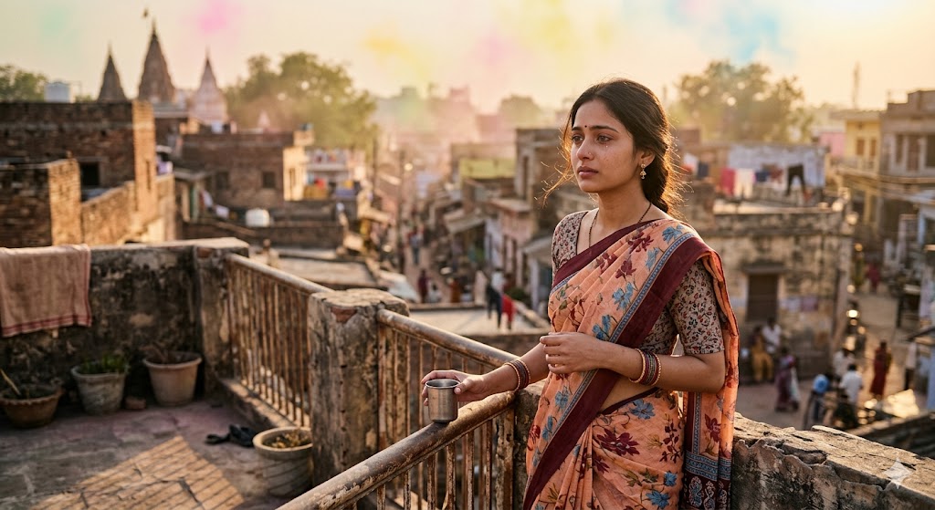 अपने बचपन के प्रेम और पुरानी यादों में खोई एक युवती, धूप भरे माहौल में पुराने घर की ओर भावुक नज़रों से देखते हुए।
