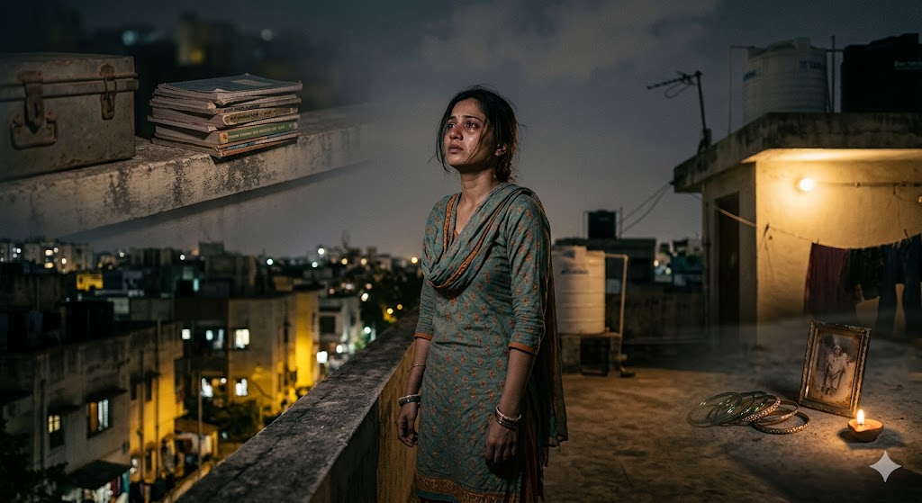अपने अधूरे सपनों और जिम्मेदारियों के बीच संघर्ष करती एक भारतीय महिला का भावनात्मक दृश्य