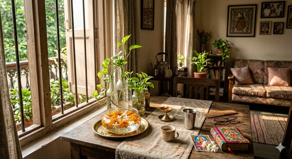 घर में महसूस होती माँ की उपस्थिति और ममता को दर्शाती भावनात्मक हिंदी कविता का दृश्य