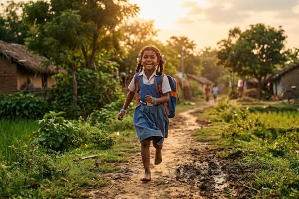 गाँव की पगडंडी पर स्कूल बैग लेकर मुस्कुराती हुई एक मासूम बालिका, संतोष और सादगी का प्रतीक।