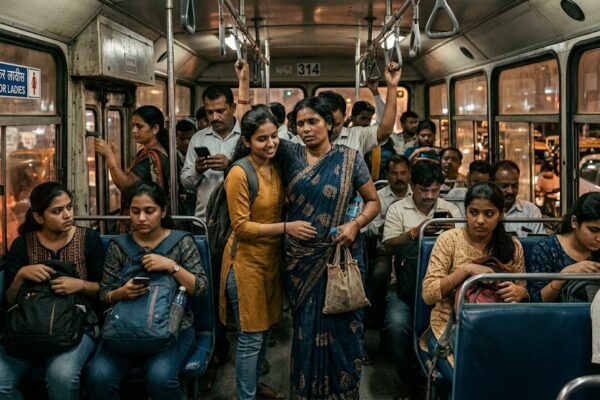 भीड़भरी भारतीय सिटी बस में एक कॉलेज लड़की गर्भवती मजदूर महिला को सीट पर बैठा रही है, जबकि अन्य यात्री शर्मिंदा नजर आ रहे हैं।