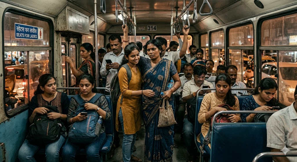 भीड़भरी भारतीय सिटी बस में एक कॉलेज लड़की गर्भवती मजदूर महिला को सीट पर बैठा रही है, जबकि अन्य यात्री शर्मिंदा नजर आ रहे हैं।