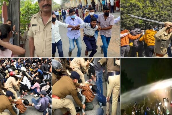 परीक्षा केंद्र के बाहर सुरक्षा जांच से गुजरते भारतीय विद्यार्थी, जिनके चेहरों पर चिंता, उम्मीद और आत्मसम्मान के भाव दिखाई दे रहे हैं।