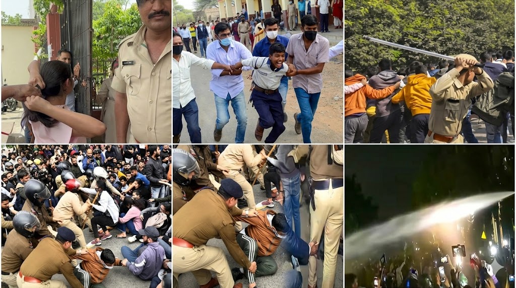 परीक्षा केंद्र के बाहर सुरक्षा जांच से गुजरते भारतीय विद्यार्थी, जिनके चेहरों पर चिंता, उम्मीद और आत्मसम्मान के भाव दिखाई दे रहे हैं।