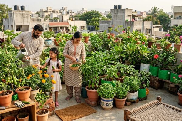 गर्मी के मौसम में पौधों और हरियाली से सजा एक भारतीय घर का टेरेस गार्डन, जो शुद्ध हवा और ठंडक प्रदान कर रहा है।