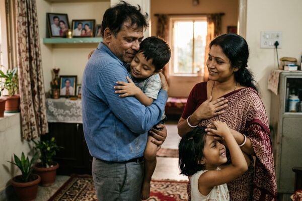 अपने बच्चे को गोद में उठाए मुस्कुराता पिता और पास में स्नेह से देखती माँ का भावुक पारिवारिक दृश्य।