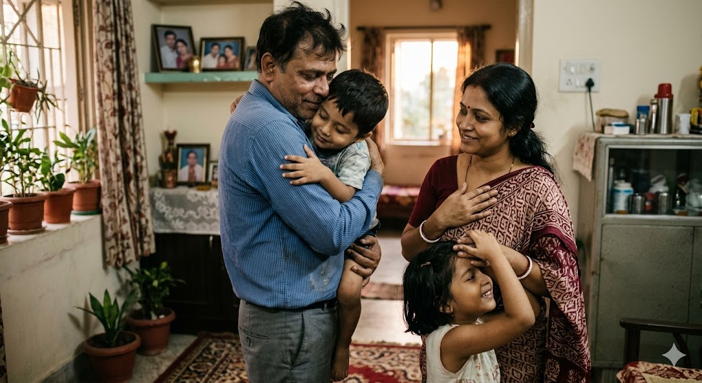 अपने बच्चे को गोद में उठाए मुस्कुराता पिता और पास में स्नेह से देखती माँ का भावुक पारिवारिक दृश्य।