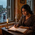 बारिश भरी शाम में खिड़की के पास बैठा एक व्यक्ति डायरी में भावुक शायरी लिखता हुआ दिखाई दे रहा है, पास में जलती मोमबत्ती और वातावरण में प्रेम, शिकायत और अपनत्व की गहरी भावनाएं महसूस हो रही हैं।