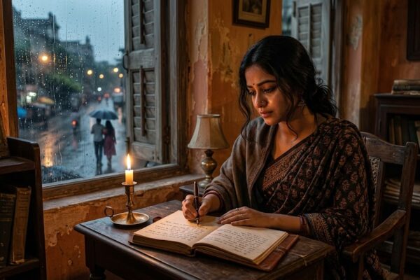 बारिश भरी शाम में खिड़की के पास बैठा एक व्यक्ति डायरी में भावुक शायरी लिखता हुआ दिखाई दे रहा है, पास में जलती मोमबत्ती और वातावरण में प्रेम, शिकायत और अपनत्व की गहरी भावनाएं महसूस हो रही हैं।