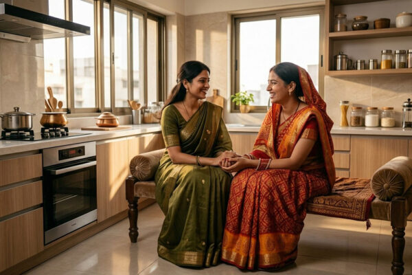 संयुक्त परिवार में नई बहू और बड़ी महिला के बीच बनते अपनापन और भावनात्मक रिश्ते का दृश्य।