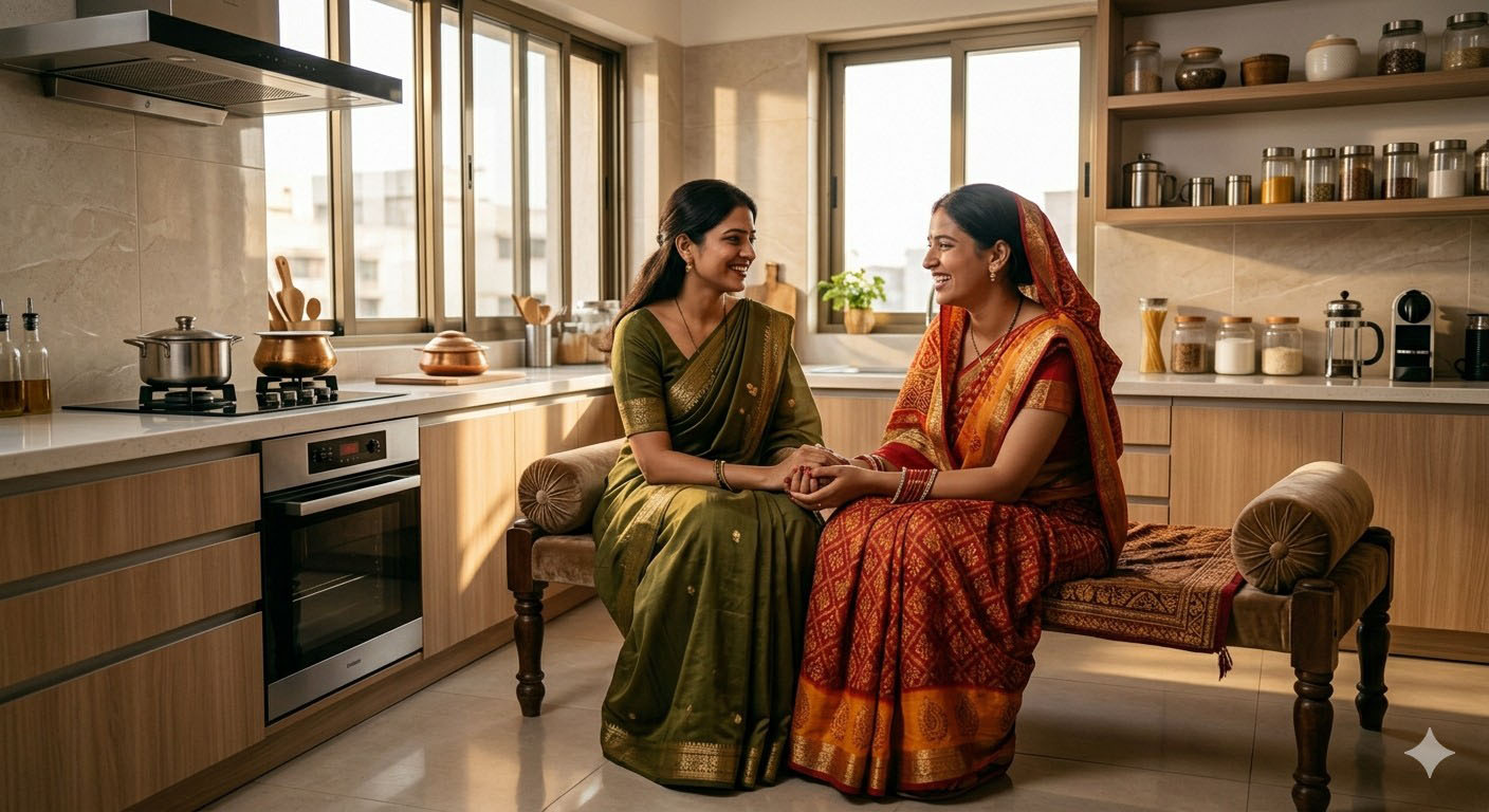 संयुक्त परिवार में नई बहू और बड़ी महिला के बीच बनते अपनापन और भावनात्मक रिश्ते का दृश्य।