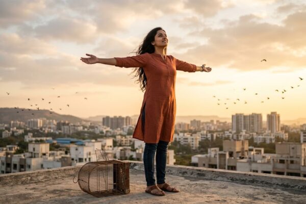 एक आत्मविश्वासी युवती सूर्योदय के समय छत पर खड़ी है, उसके पास टूटा हुआ पिंजरा पड़ा है और आसमान में उड़ते पक्षी आज़ादी और सपनों की उड़ान का प्रतीक हैं।