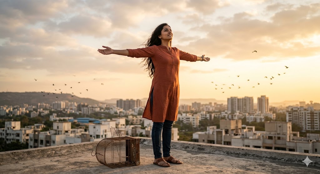 एक आत्मविश्वासी युवती सूर्योदय के समय छत पर खड़ी है, उसके पास टूटा हुआ पिंजरा पड़ा है और आसमान में उड़ते पक्षी आज़ादी और सपनों की उड़ान का प्रतीक हैं।
