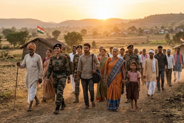 उगते सूरज की रोशनी में आत्मगौरव और राष्ट्रप्रेम के भाव के साथ आगे बढ़ते लोगों का प्रेरक दृश्य, देशभक्ति हिंदी कविता का प्रतीकात्मक चित्र।