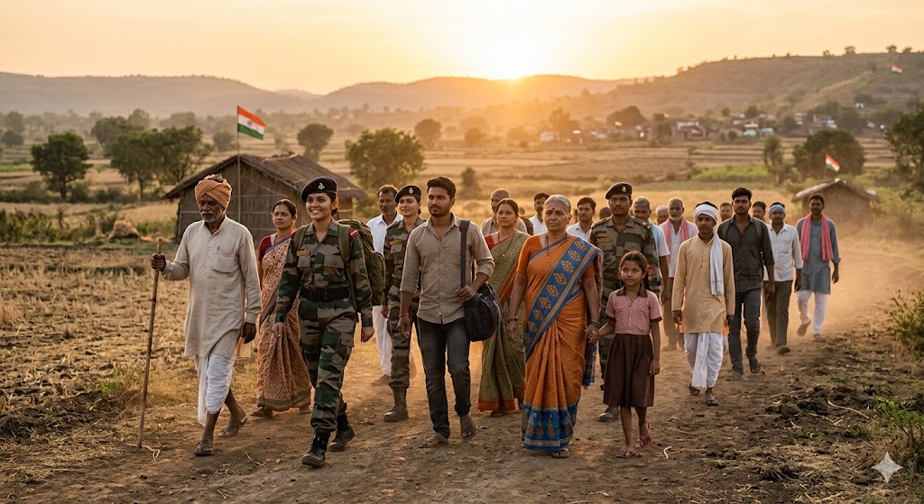 उगते सूरज की रोशनी में आत्मगौरव और राष्ट्रप्रेम के भाव के साथ आगे बढ़ते लोगों का प्रेरक दृश्य, देशभक्ति हिंदी कविता का प्रतीकात्मक चित्र।