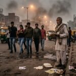 आधुनिक समाज में गिरते मानवीय मूल्यों, सामाजिक विभाजन और नैतिक संकट को दर्शाता गंभीर और प्रतीकात्मक दृश्य।