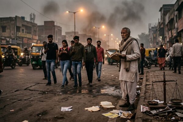 आधुनिक समाज में गिरते मानवीय मूल्यों, सामाजिक विभाजन और नैतिक संकट को दर्शाता गंभीर और प्रतीकात्मक दृश्य।