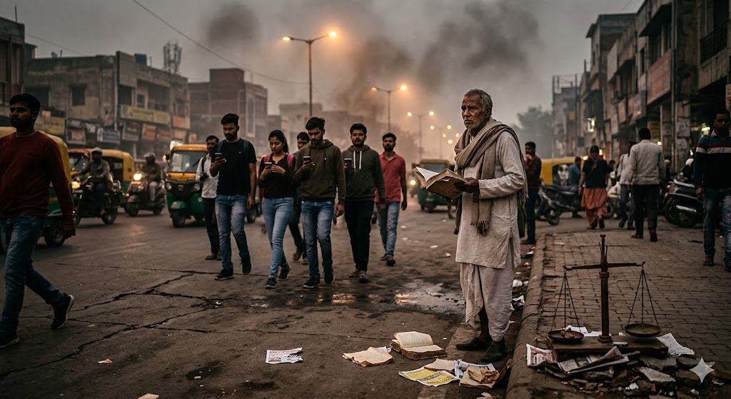 आधुनिक समाज में गिरते मानवीय मूल्यों, सामाजिक विभाजन और नैतिक संकट को दर्शाता गंभीर और प्रतीकात्मक दृश्य।