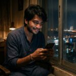 रात के समय मोबाइल में पुराने संदेश पढ़ता एक युवक, खिड़की के बाहर देखते हुए बीते रिश्ते को याद करता हुआ।