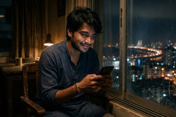 रात के समय मोबाइल में पुराने संदेश पढ़ता एक युवक, खिड़की के बाहर देखते हुए बीते रिश्ते को याद करता हुआ।