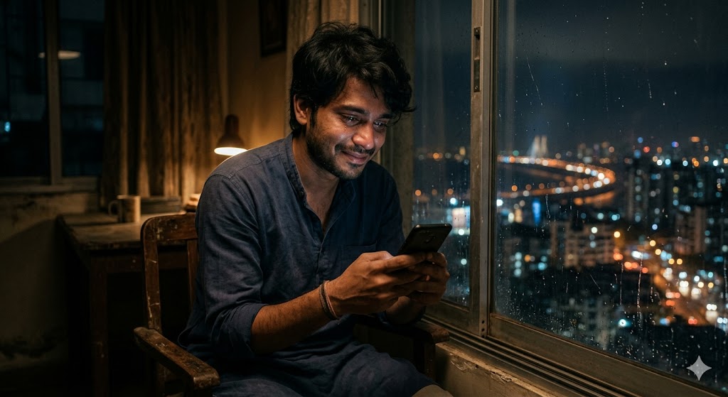 रात के समय मोबाइल में पुराने संदेश पढ़ता एक युवक, खिड़की के बाहर देखते हुए बीते रिश्ते को याद करता हुआ।