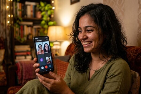 बिना मेकअप और बिखरे बालों के साथ मुस्कुराती एक युवती, जो सच्चे प्रेम और स्वाभाविक सुंदरता का प्रतीक है।