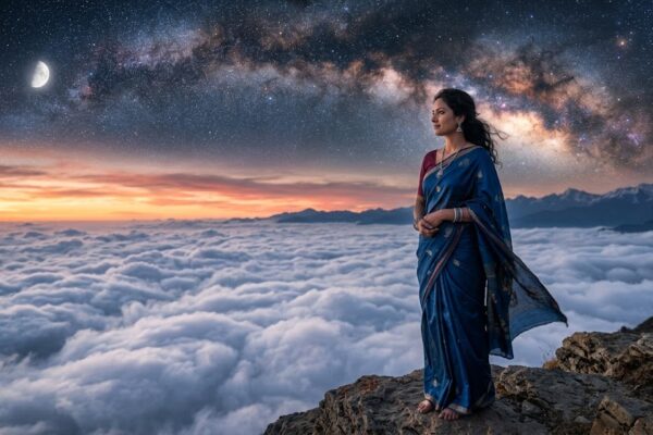 बादलों और सितारों के बीच शांत भाव से आकाश की ओर निहारती एक स्त्री