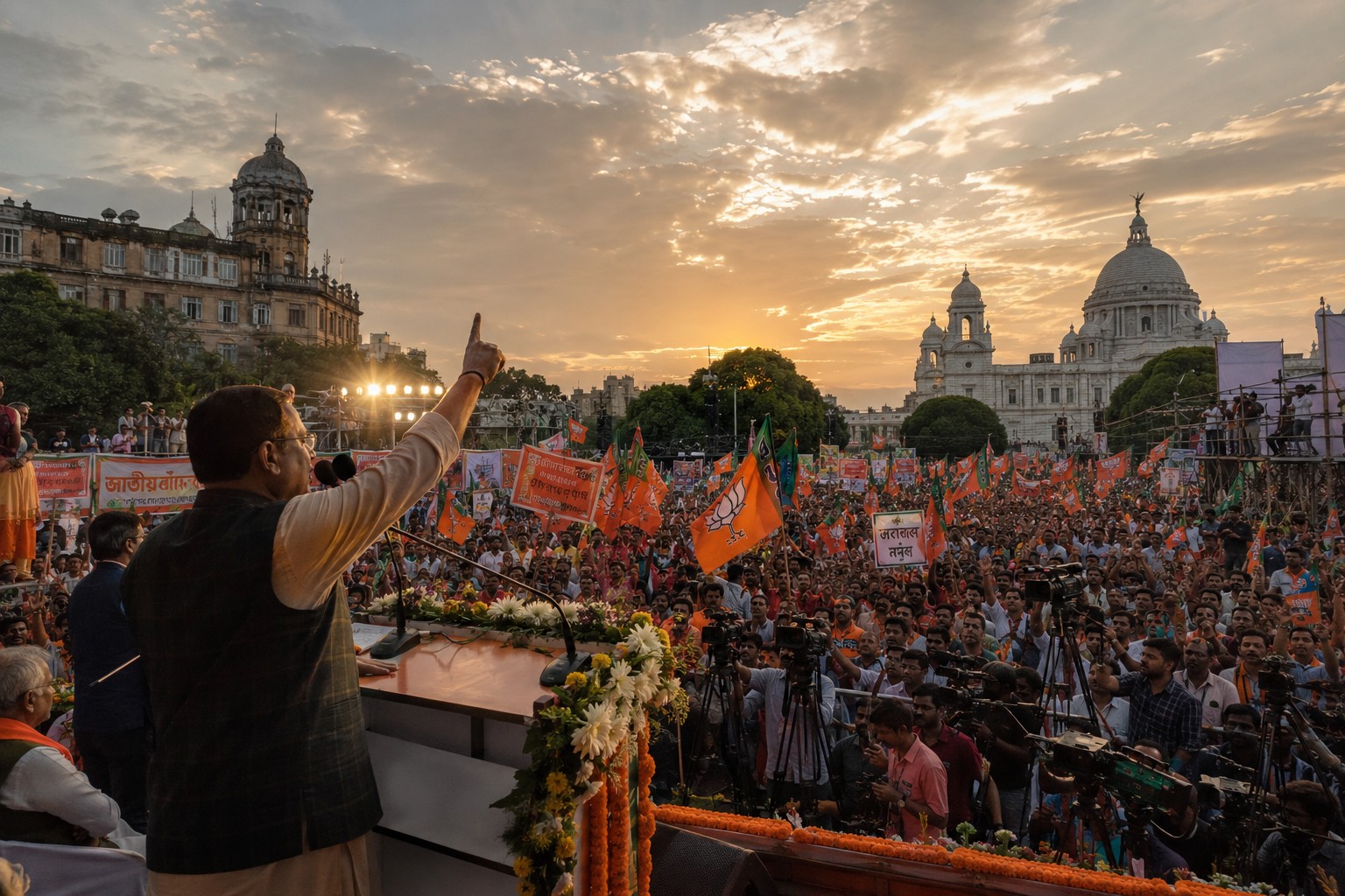 कोलकाता में आयोजित एक विशाल चुनावी रैली का दृश्य, जहाँ बड़ी संख्या में लोग राजनीतिक झंडों और बैनरों के साथ नेताओं का संबोधन सुन रहे हैं। चुनावी माहौल, जनउत्साह और लोकतांत्रिक गतिविधियों को दर्शाता यथार्थवादी चित्र।