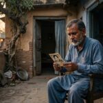 घर के आँगन में अकेला बैठा वृद्ध पिता, हाथ में बेटी की पुरानी तस्वीर, चेहरे पर दर्द और आँखों में नमी, पृष्ठभूमि में खाली दरवाज़ा और सांझ का धुंधलका।