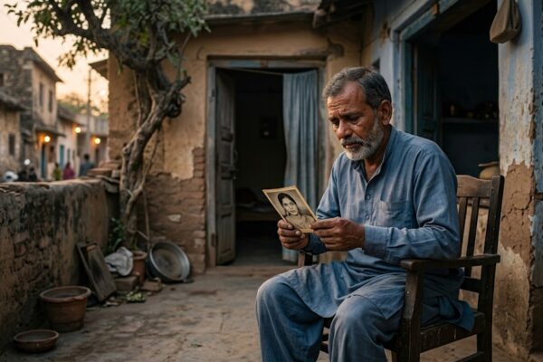 घर के आँगन में अकेला बैठा वृद्ध पिता, हाथ में बेटी की पुरानी तस्वीर, चेहरे पर दर्द और आँखों में नमी, पृष्ठभूमि में खाली दरवाज़ा और सांझ का धुंधलका।