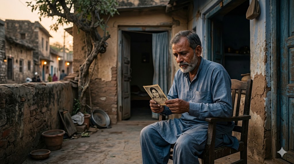 घर के आँगन में अकेला बैठा वृद्ध पिता, हाथ में बेटी की पुरानी तस्वीर, चेहरे पर दर्द और आँखों में नमी, पृष्ठभूमि में खाली दरवाज़ा और सांझ का धुंधलका।