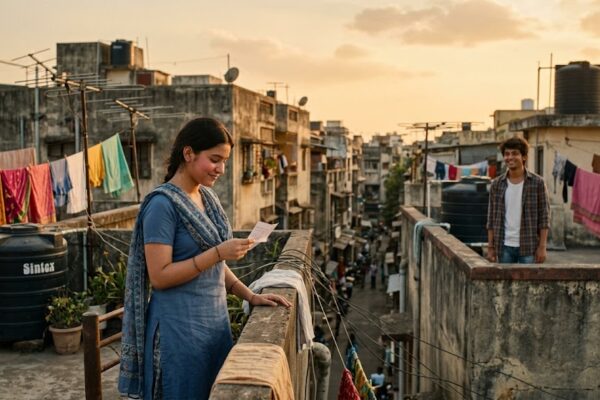 1994 के एक भारतीय मोहल्ले की छत पर खड़ी एक किशोर लड़की हाथ में छोटी-सी चिट्ठी लिए शर्माते हुए सामने की छत पर खड़े एक लड़के की ओर देख रही है। दोनों छतों पर सूखते कपड़े, पानी की टंकी और दूरदर्शन के पुराने एंटीना दिखाई दे रहे हैं। ढलते सूरज की सुनहरी रोशनी पूरे दृश्य को मासूम पहली मोहब्बत और पुरानी यादों के भाव से भर रही है।