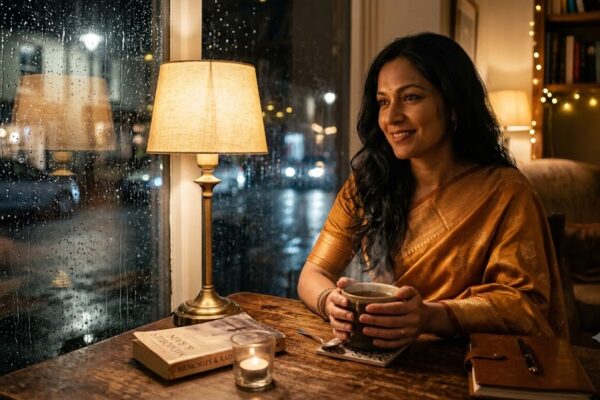 खिड़की के पास रखी गर्म चाय का कप, शीशे पर गिरती बारिश की बूँदें और यादों में खोया एक व्यक्ति, जो प्रेम और सुकून भरे पलों को याद कर रहा है।