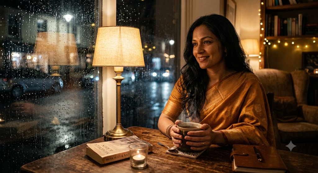 खिड़की के पास रखी गर्म चाय का कप, शीशे पर गिरती बारिश की बूँदें और यादों में खोया एक व्यक्ति, जो प्रेम और सुकून भरे पलों को याद कर रहा है।