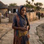 मैली चुनरिया ओढ़े ग्रामीण भारतीय महिला आत्मचिंतन और पश्चाताप की भावपूर्ण अवस्था में खड़ी हुई।