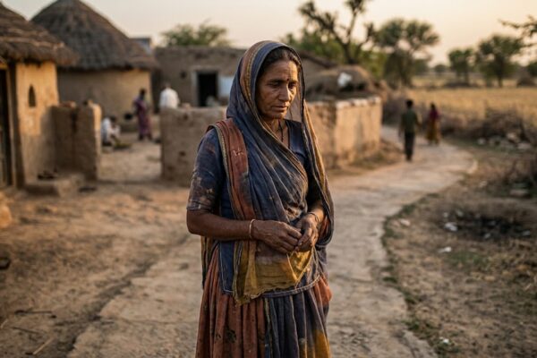 मैली चुनरिया ओढ़े ग्रामीण भारतीय महिला आत्मचिंतन और पश्चाताप की भावपूर्ण अवस्था में खड़ी हुई।