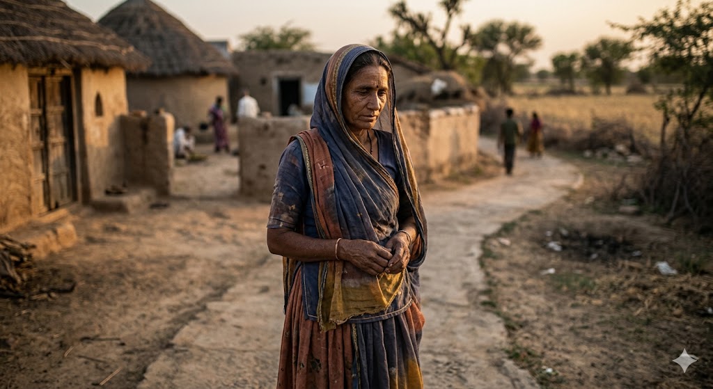 मैली चुनरिया ओढ़े ग्रामीण भारतीय महिला आत्मचिंतन और पश्चाताप की भावपूर्ण अवस्था में खड़ी हुई।