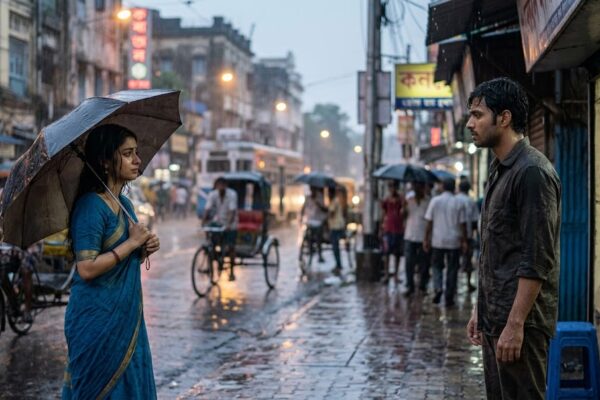 बारिश भरी शाम में दूर खड़े दो भारतीय प्रेमी, उनके बीच धुंध और भावनात्मक दूरी, मोहब्बत और इंतजार का सिनेमाई दृश्य।