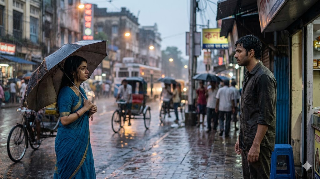 बारिश भरी शाम में दूर खड़े दो भारतीय प्रेमी, उनके बीच धुंध और भावनात्मक दूरी, मोहब्बत और इंतजार का सिनेमाई दृश्य।
