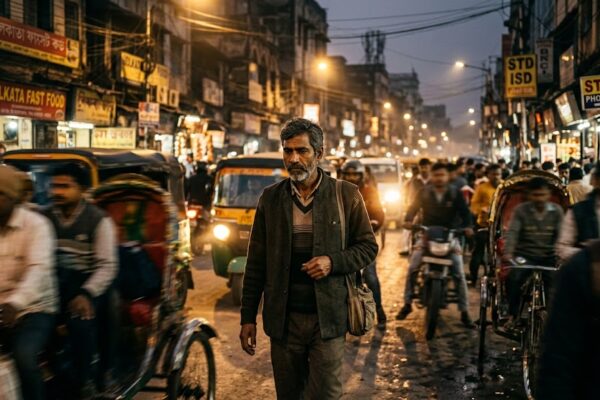 भीड़भाड़ वाली सड़क पर शाम के समय अकेला चलता एक भारतीय व्यक्ति, जिसके चेहरे पर गहरी सोच और तन्हाई झलक रही है। उसके आसपास लोग अपनी-अपनी दुनिया में व्यस्त हैं, जबकि वह सच और इंसानियत के रास्ते पर अकेला खड़ा दिखाई देता है।