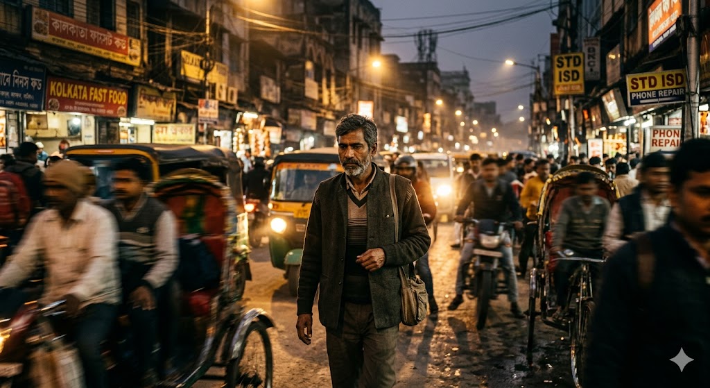 भीड़भाड़ वाली सड़क पर शाम के समय अकेला चलता एक भारतीय व्यक्ति, जिसके चेहरे पर गहरी सोच और तन्हाई झलक रही है। उसके आसपास लोग अपनी-अपनी दुनिया में व्यस्त हैं, जबकि वह सच और इंसानियत के रास्ते पर अकेला खड़ा दिखाई देता है।