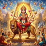 सिंह पर विराजमान माँ दुर्गा का दिव्य स्वरूप, भक्तों को आशीर्वाद देती हुई