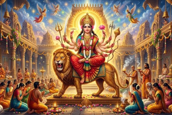 सिंह पर विराजमान माँ दुर्गा का दिव्य स्वरूप, भक्तों को आशीर्वाद देती हुई