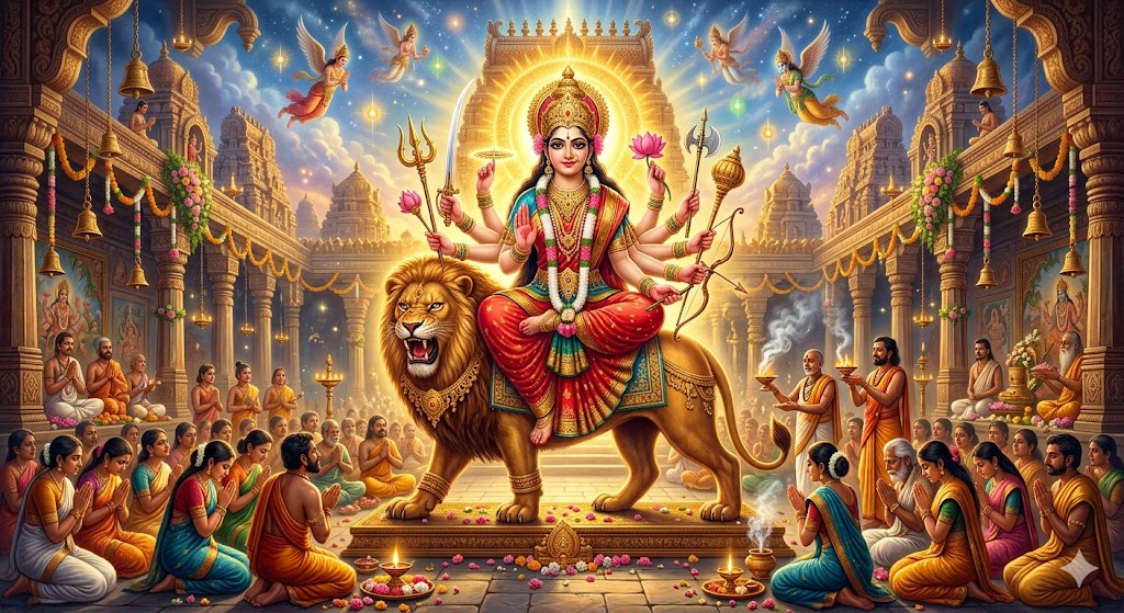 सिंह पर विराजमान माँ दुर्गा का दिव्य स्वरूप, भक्तों को आशीर्वाद देती हुई