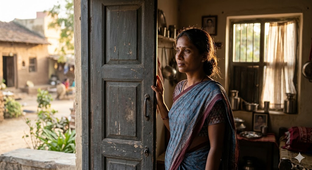 आधी खुली किवाड़ से बाहर झाँकती एक चिंतनशील भारतीय स्त्री, स्वतंत्रता और आत्म-अभिव्यक्ति की आकांक्षा का प्रतीक।