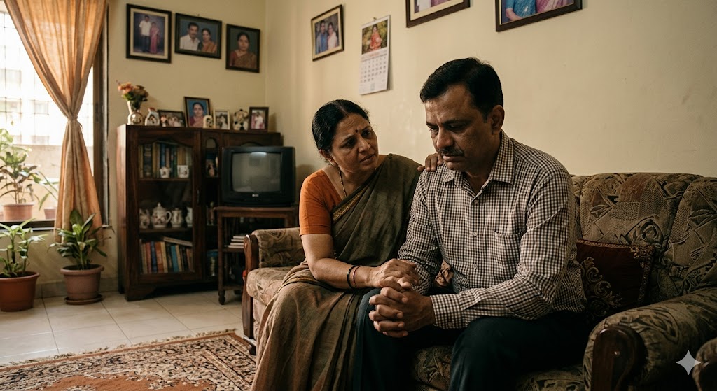 दुःखभरी खबर सुनने के बाद पति को सांत्वना देती पत्नी, रिश्तों में मौजूदगी और संवेदनाओं का प्रतीकात्मक दृश्य।
