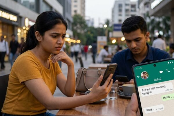 मोबाइल स्क्रीन पर ‘Hmm’ लिखा संदेश पढ़ते हुए सोच में डूबा एक व्यक्ति, रिश्तों में संवाद और भावनात्मक जुड़ाव को दर्शाता हुआ।