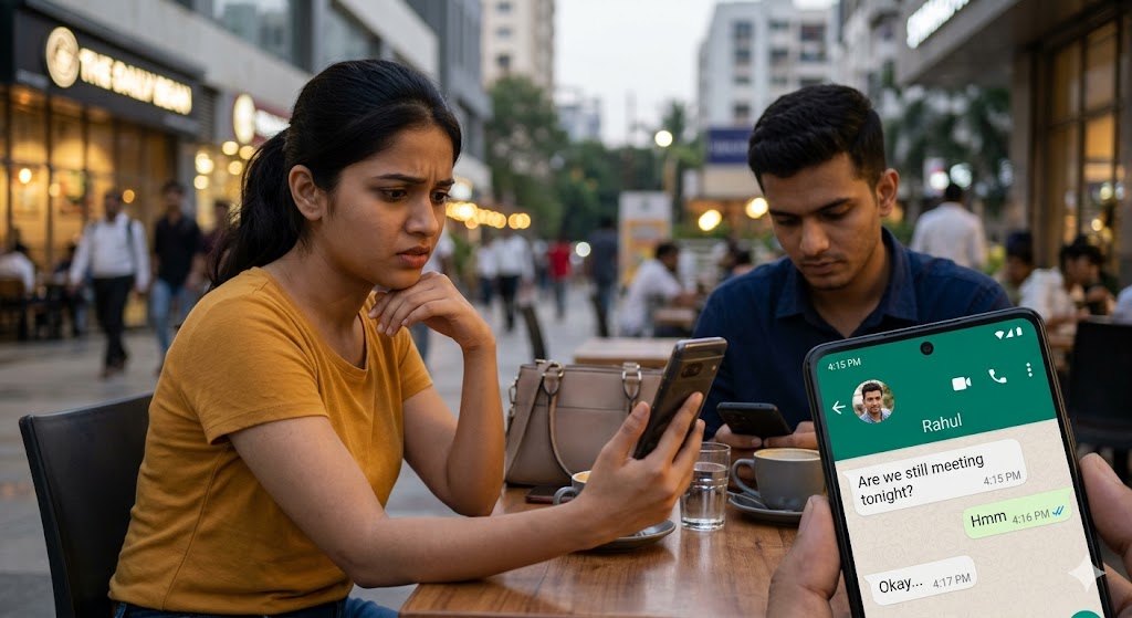 मोबाइल स्क्रीन पर ‘Hmm’ लिखा संदेश पढ़ते हुए सोच में डूबा एक व्यक्ति, रिश्तों में संवाद और भावनात्मक जुड़ाव को दर्शाता हुआ।