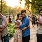 एक हरे-भरे पार्क में भावुक आलिंगन का दृश्य, जहां एक युवा दंपति, एक मां और उसका बेटा तथा दो मित्र एक-दूसरे को गले लगाकर प्रेम, अपनापन और भावनात्मक जुड़ाव का एहसास कर रहे हैं।